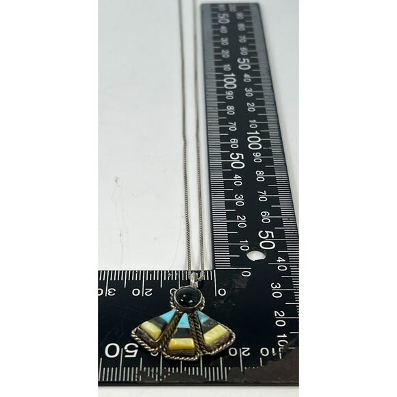 Vintage Navajo Sterling Silver Turquoise Onyx & Coral Pendant Necklace - 19” - Picture 14 of 16